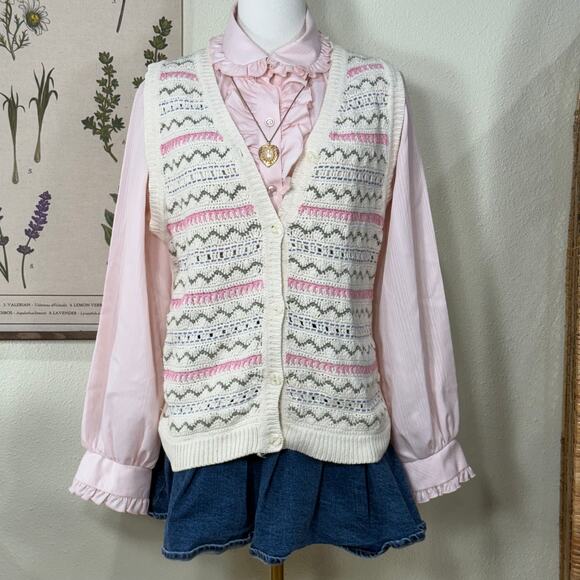 Vintage 90s Y2k Fair Isle Sweater Vest Grandma Cottage Gloomy Coquette S M - Picture 1 of 8
